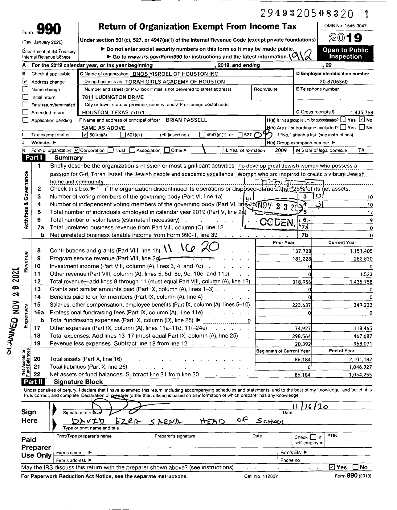 Image of first page of 2019 Form 990 for Torah Girls Academy of Houston