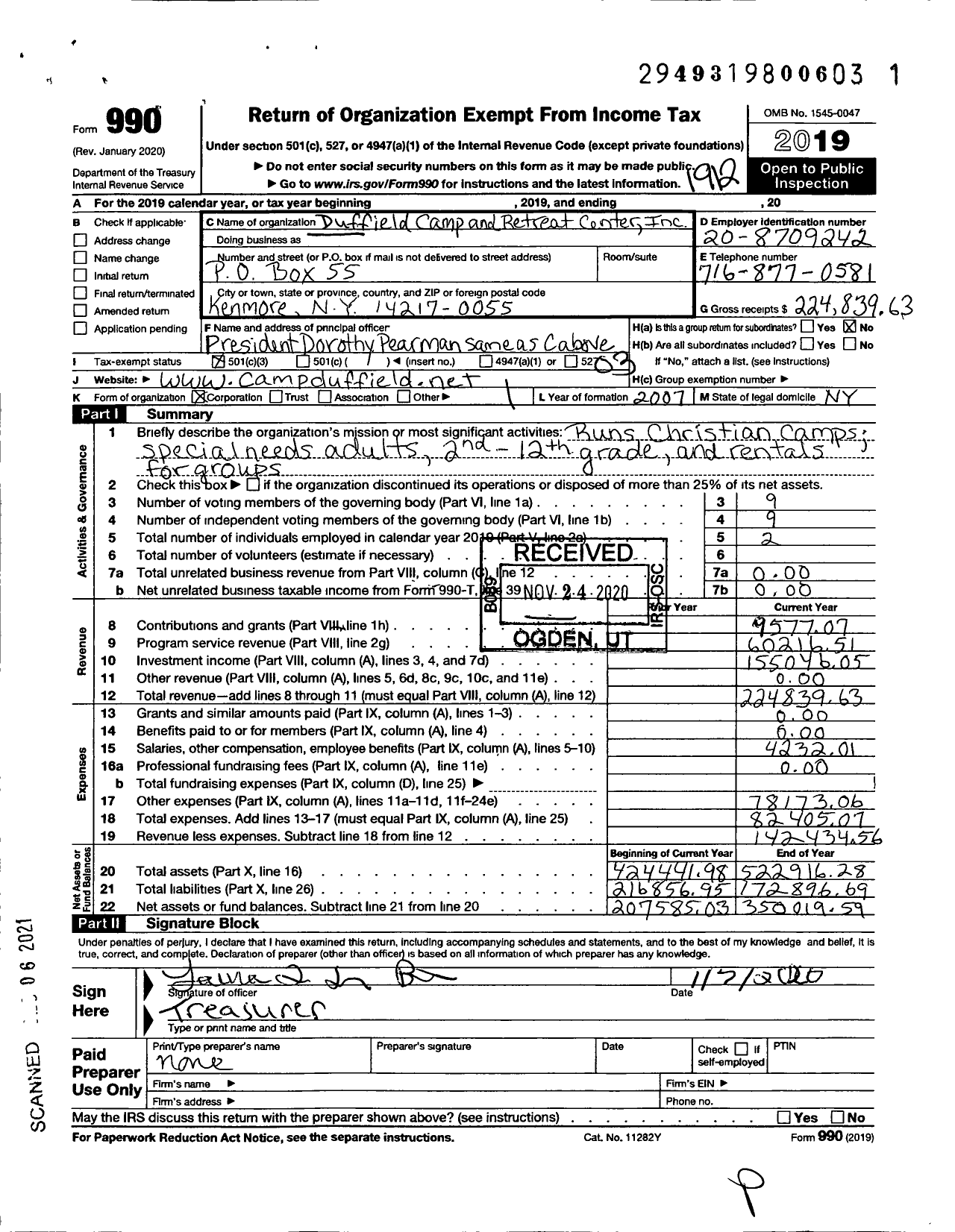 Image of first page of 2019 Form 990 for Duffield Camp and Retreat Center