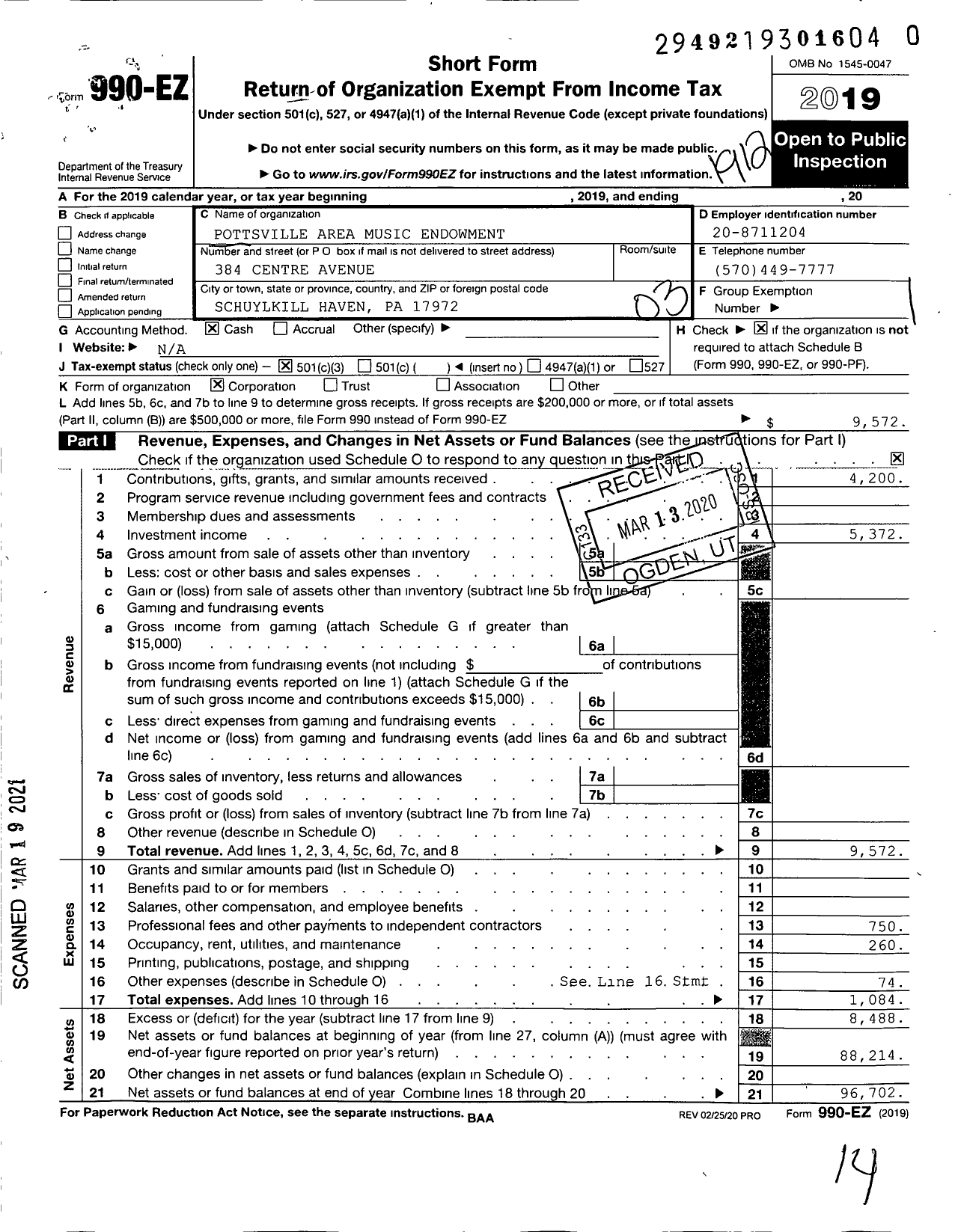 Image of first page of 2019 Form 990EZ for Pottsville Area Music Endowment