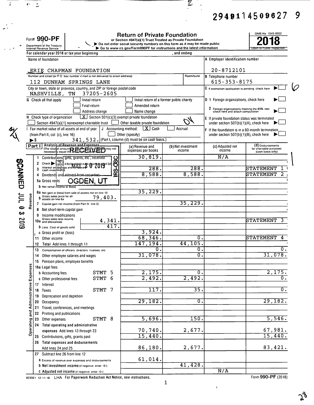 Image of first page of 2018 Form 990PF for Erie Chapman Foundation
