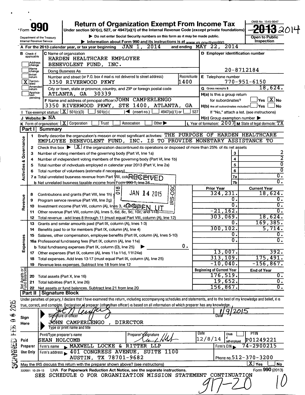 Image of first page of 2013 Form 990 for Harden Healthcare Employee Benevolent Fund