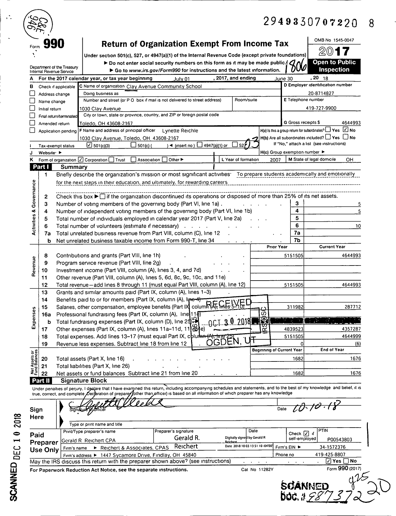 Image of first page of 2017 Form 990 for Imagine Clay Avenue Community School