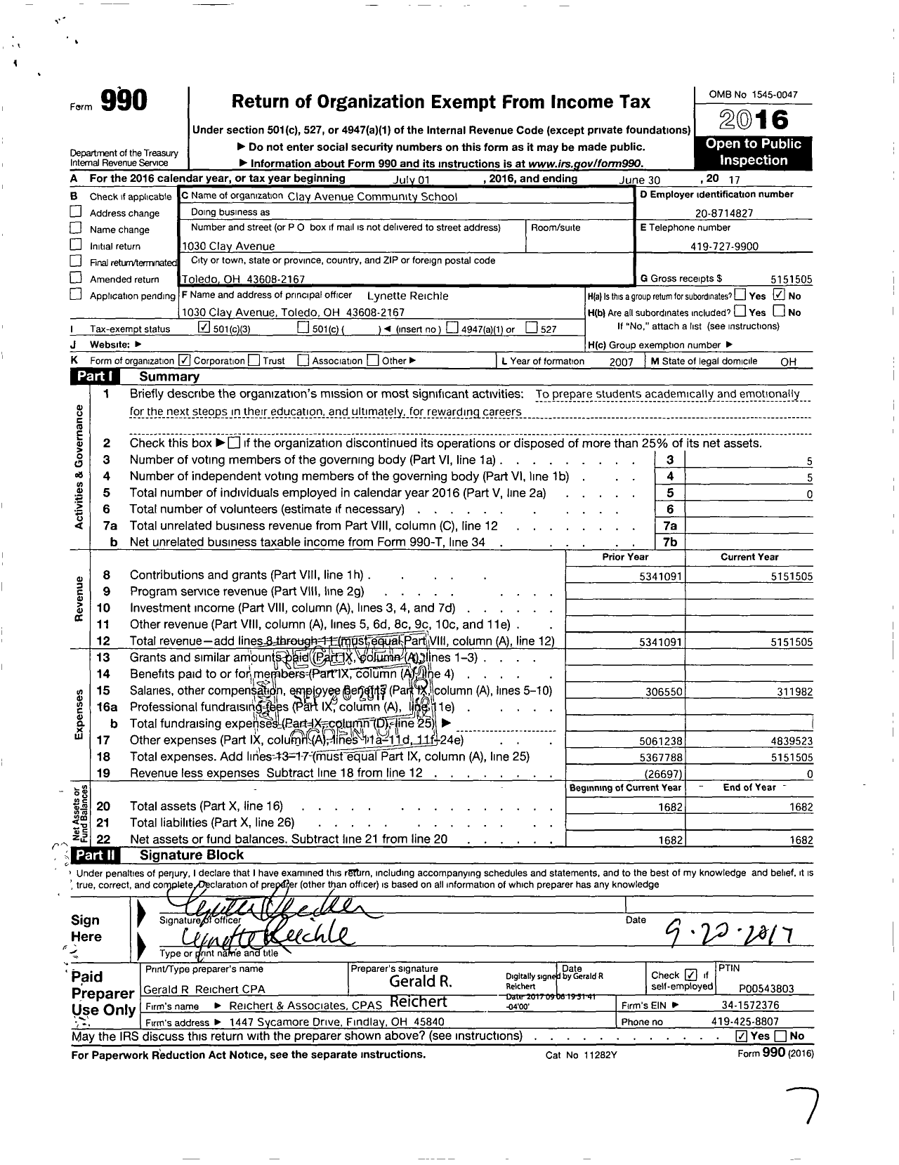 Image of first page of 2016 Form 990 for Imagine Clay Avenue Community School