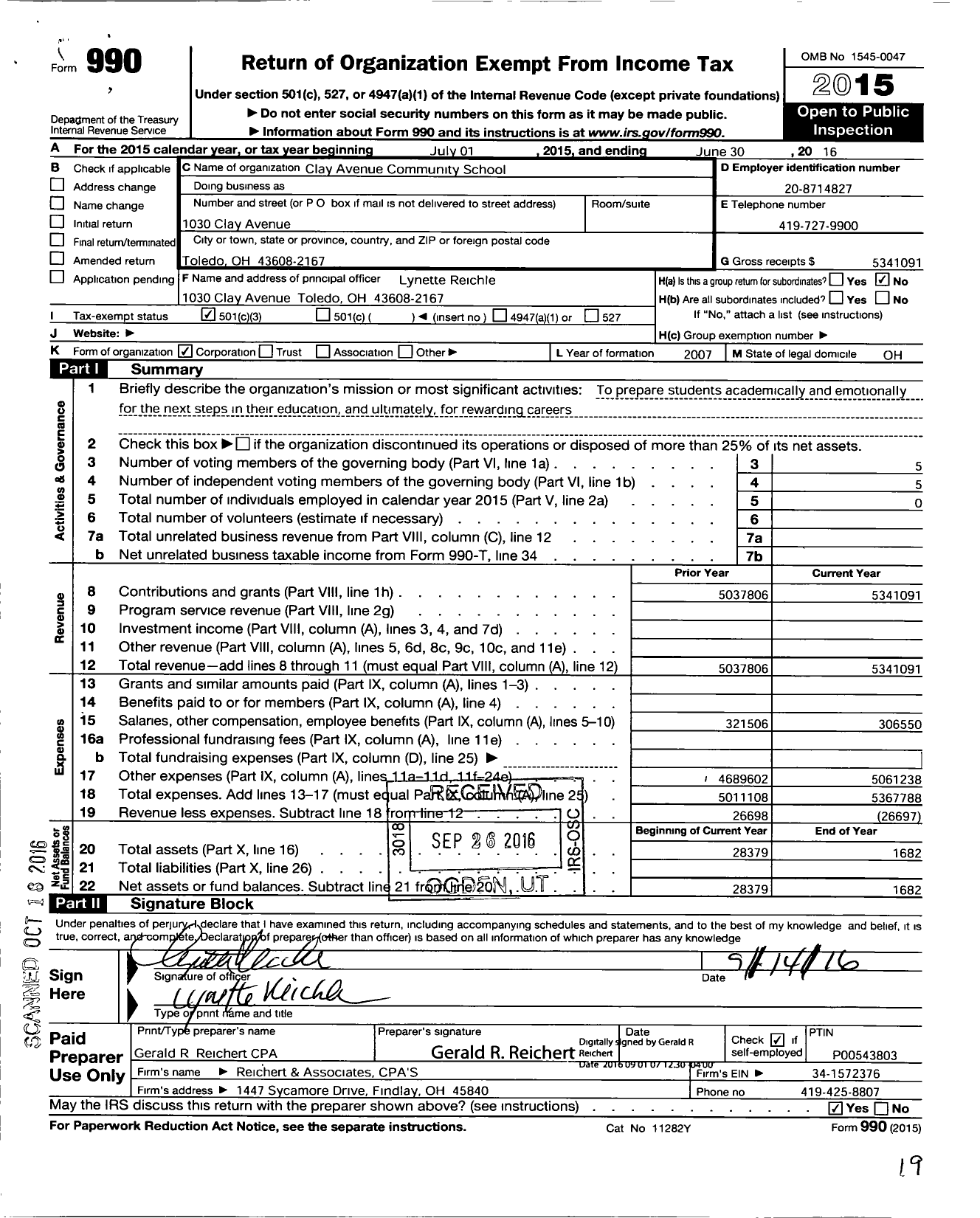 Image of first page of 2015 Form 990 for Imagine Clay Avenue Community School