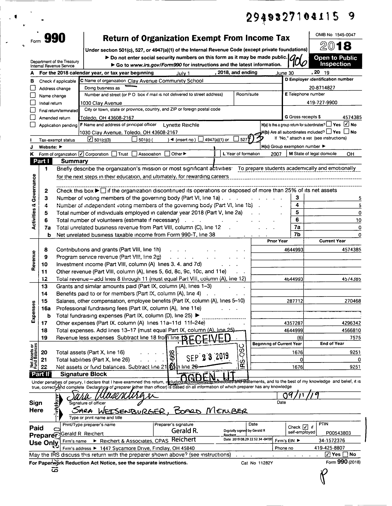 Image of first page of 2018 Form 990 for Imagine Clay Avenue Community School