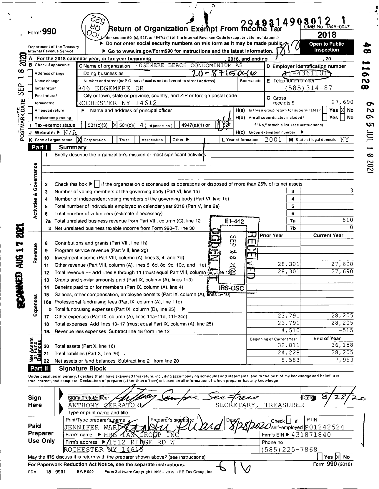 Image of first page of 2018 Form 990O for Edgemere Beach Condominium Association