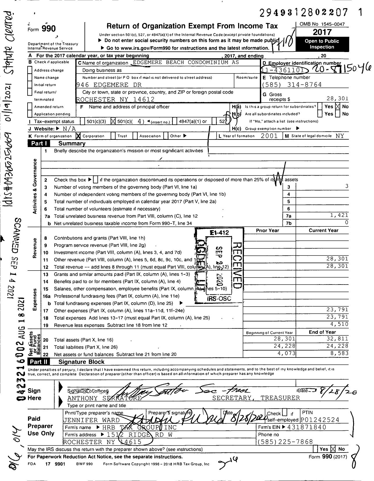 Image of first page of 2017 Form 990O for Edgemere Beach Condominium Association