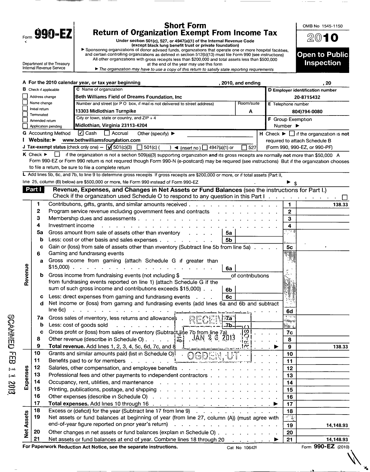 Image of first page of 2010 Form 990EZ for Beth Williams Field of Dreams Foundation