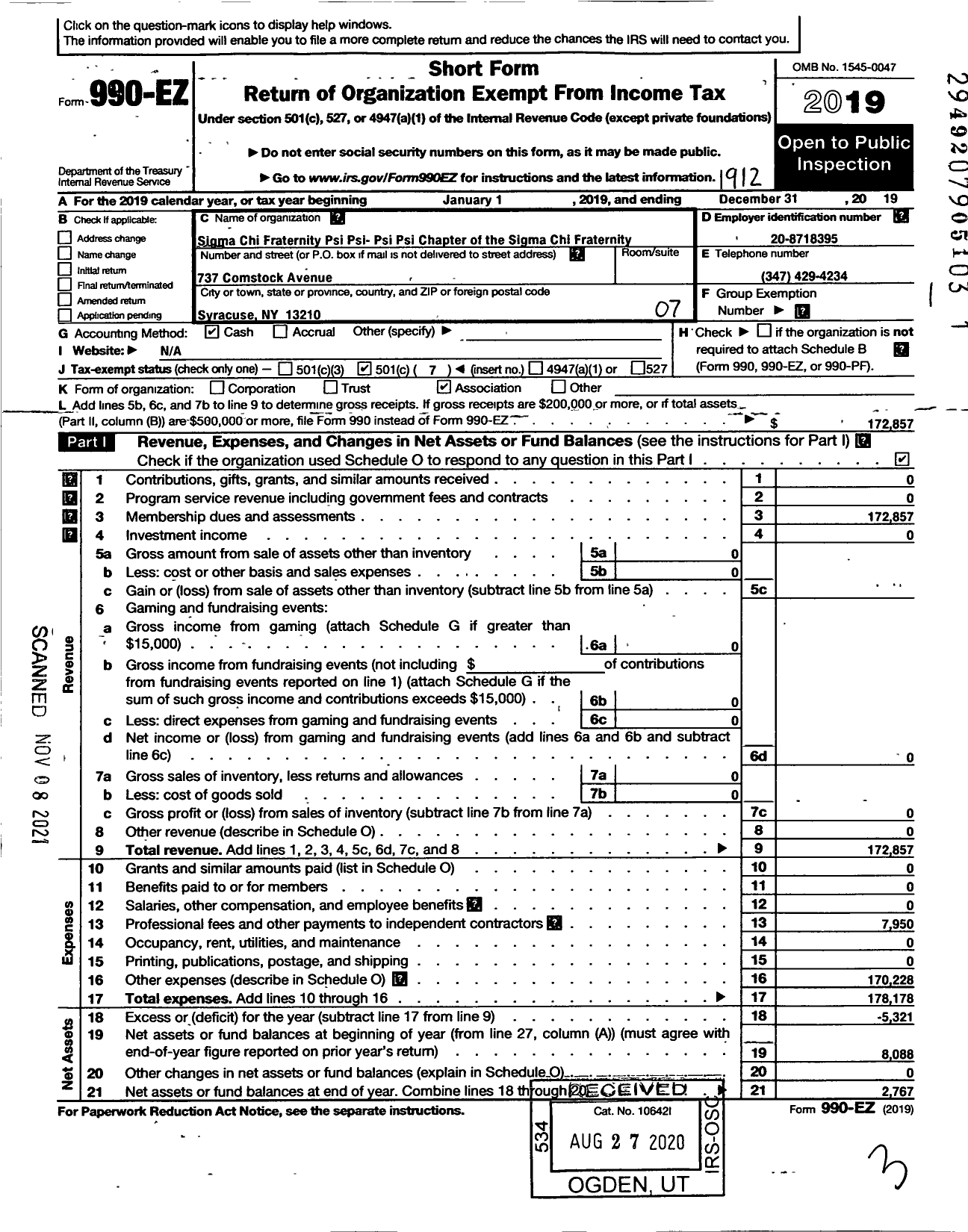 Image of first page of 2019 Form 990EO for Sigma Chi Fraternity Psi Psi Chapter of the Sigma Chi Fraternity