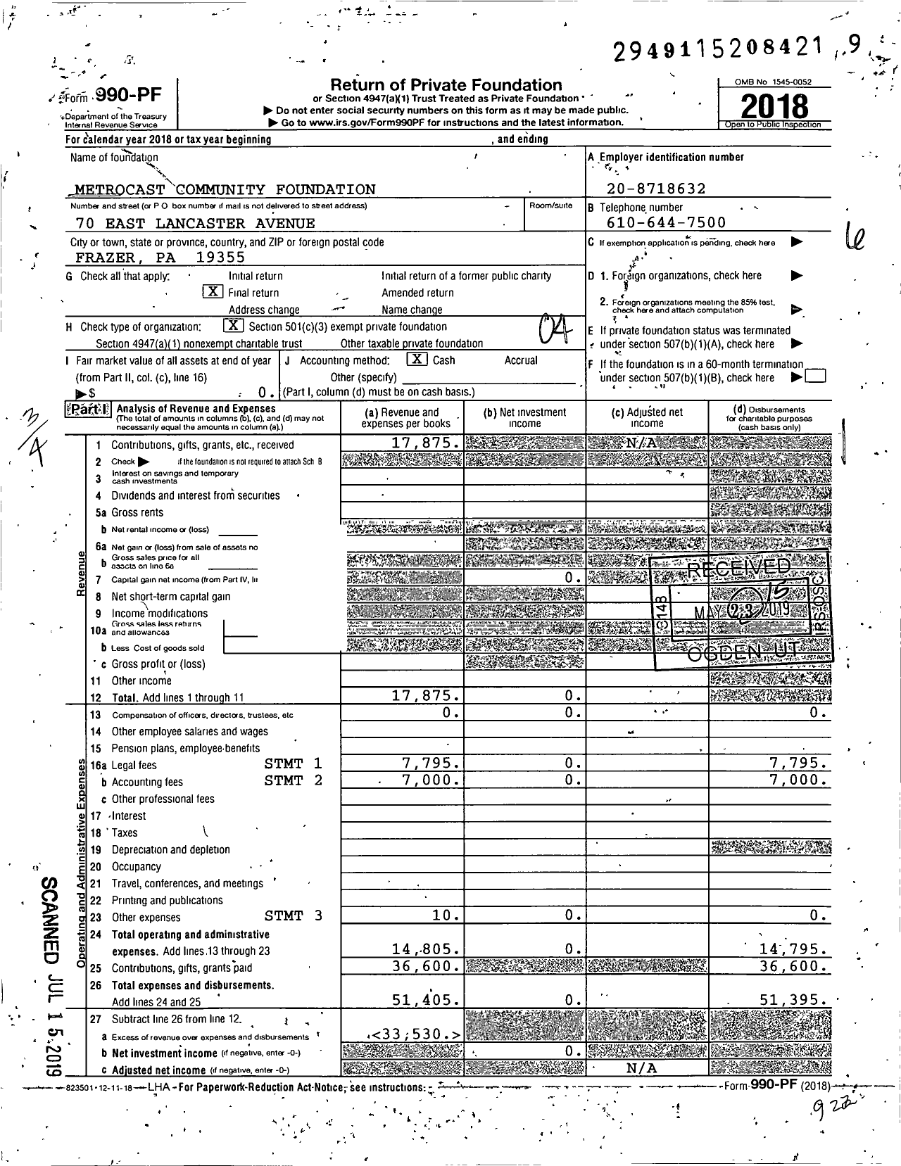 Image of first page of 2018 Form 990PF for Metrocast Community Foundation
