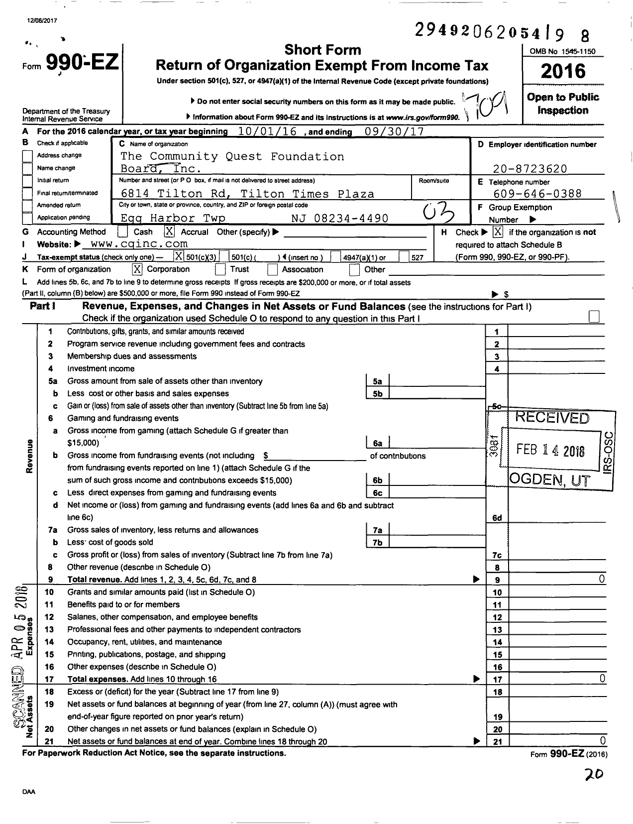 Image of first page of 2016 Form 990EZ for The Community Quest Foundation Board