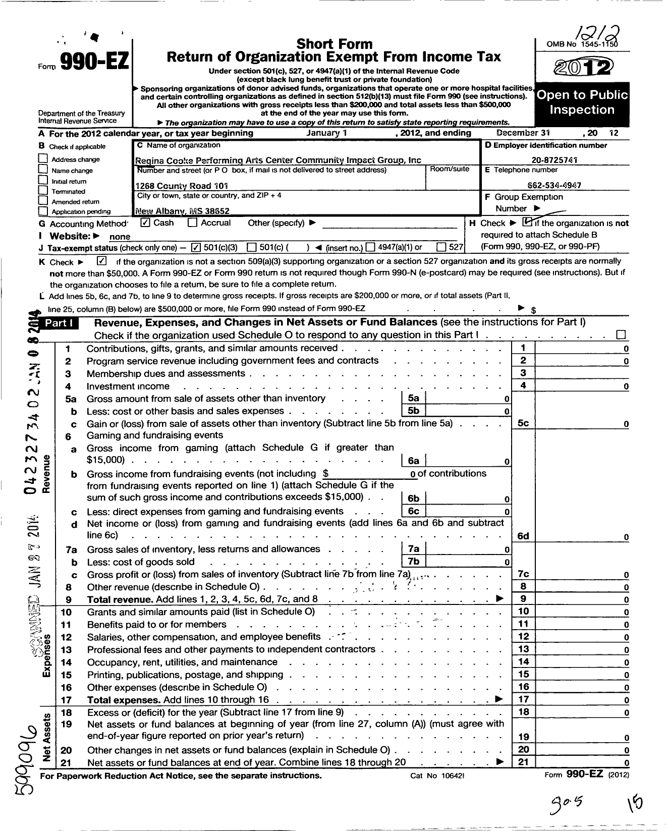 Image of first page of 2012 Form 990EZ for Regina Cooke Performing Art Center Community Impact Group