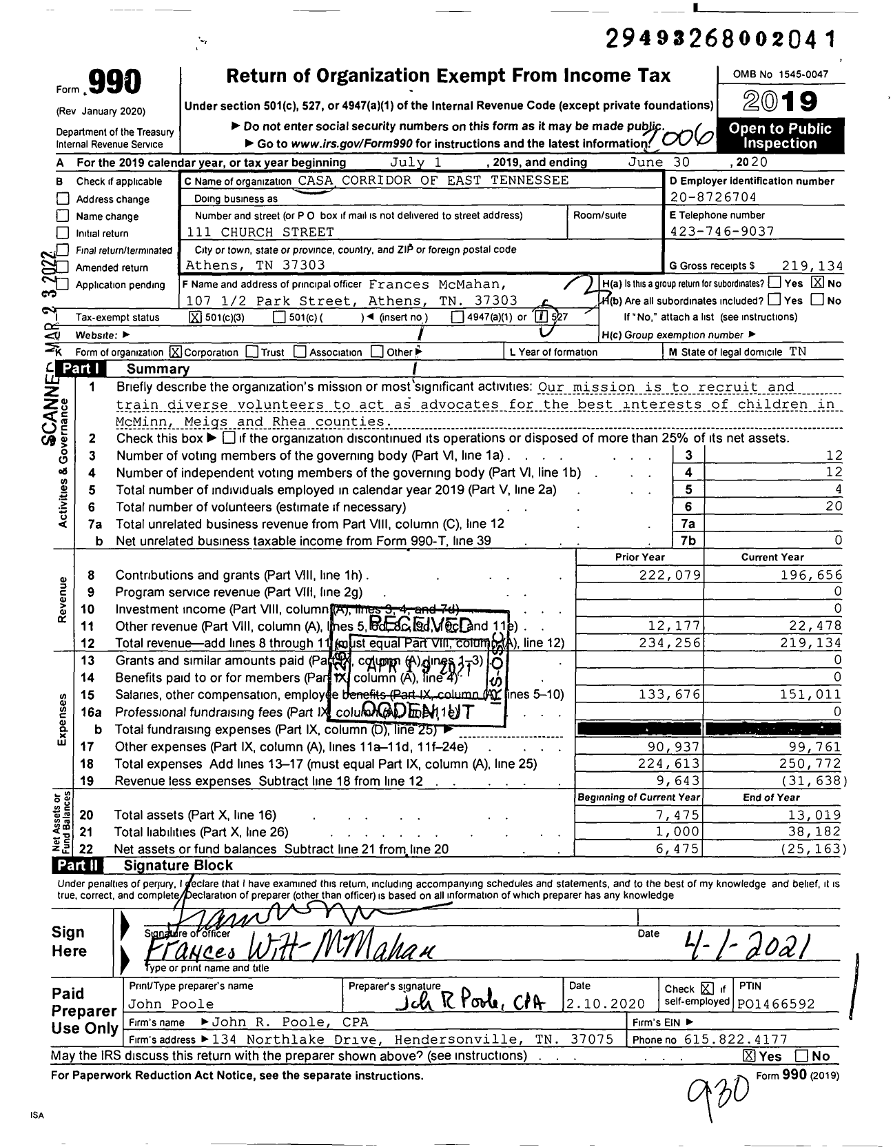 Image of first page of 2019 Form 990 for Casa Corridor of East Tennessee