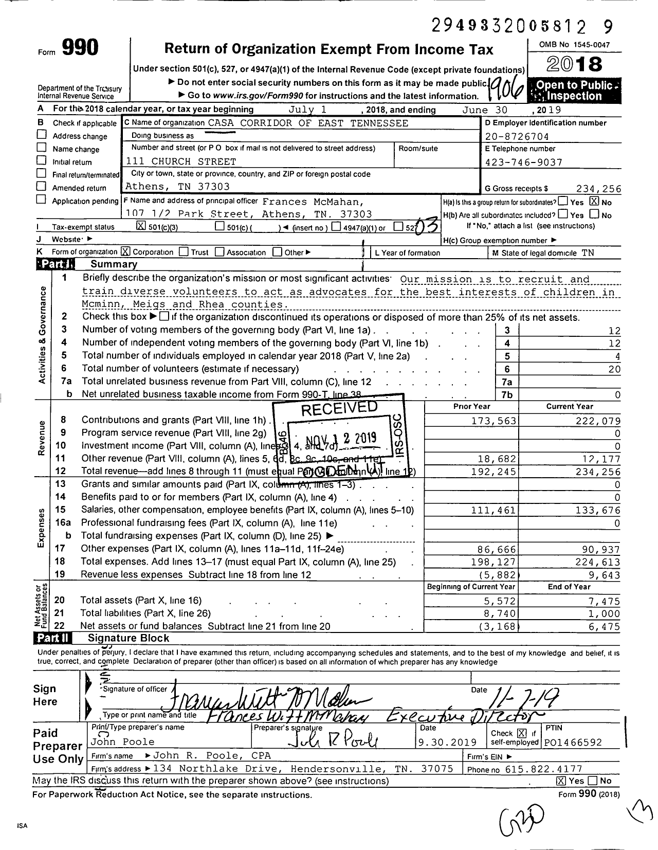 Image of first page of 2018 Form 990 for Casa Corridor of East Tennessee