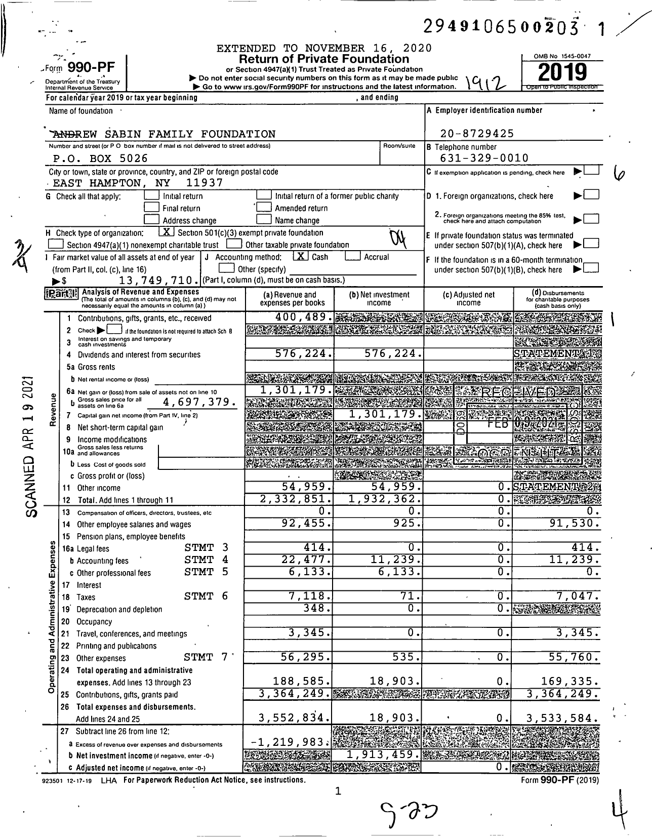 Image of first page of 2019 Form 990PF for Andrew Sabin Family Foundation