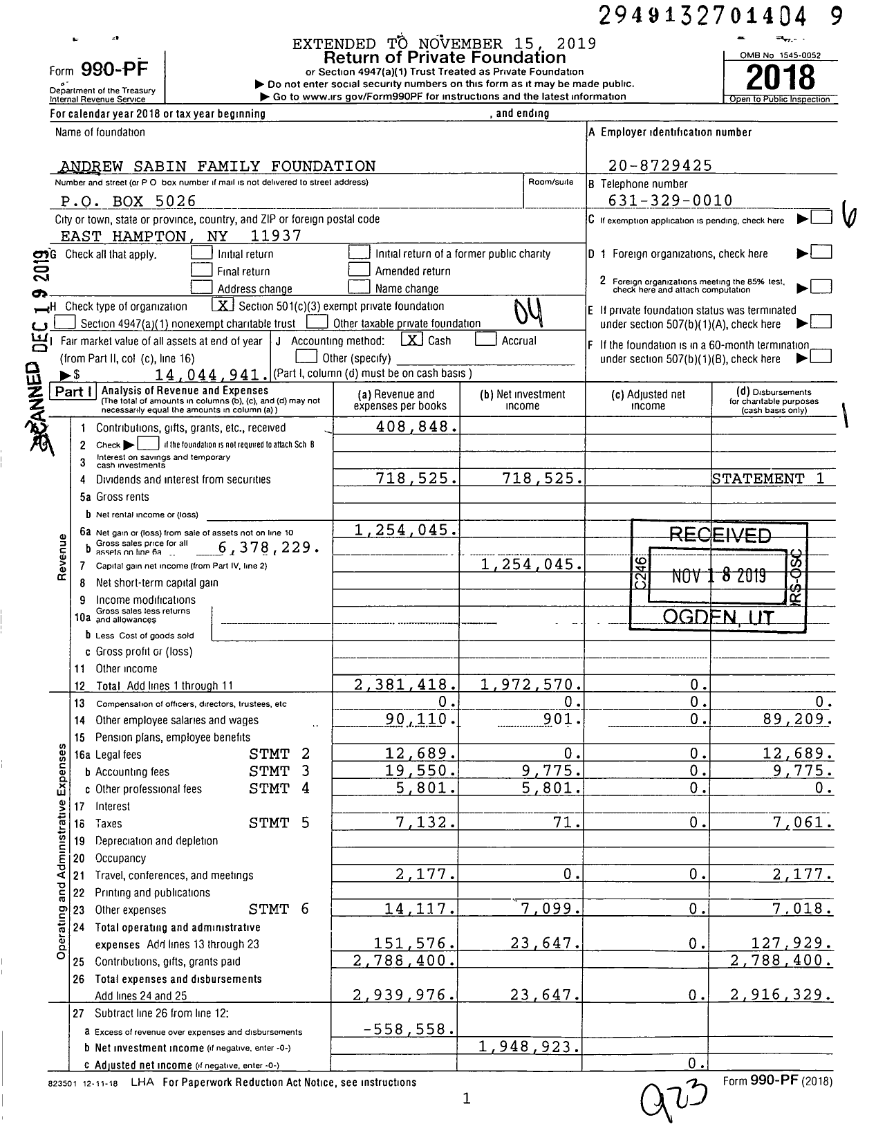 Image of first page of 2018 Form 990PF for Andrew Sabin Family Foundation