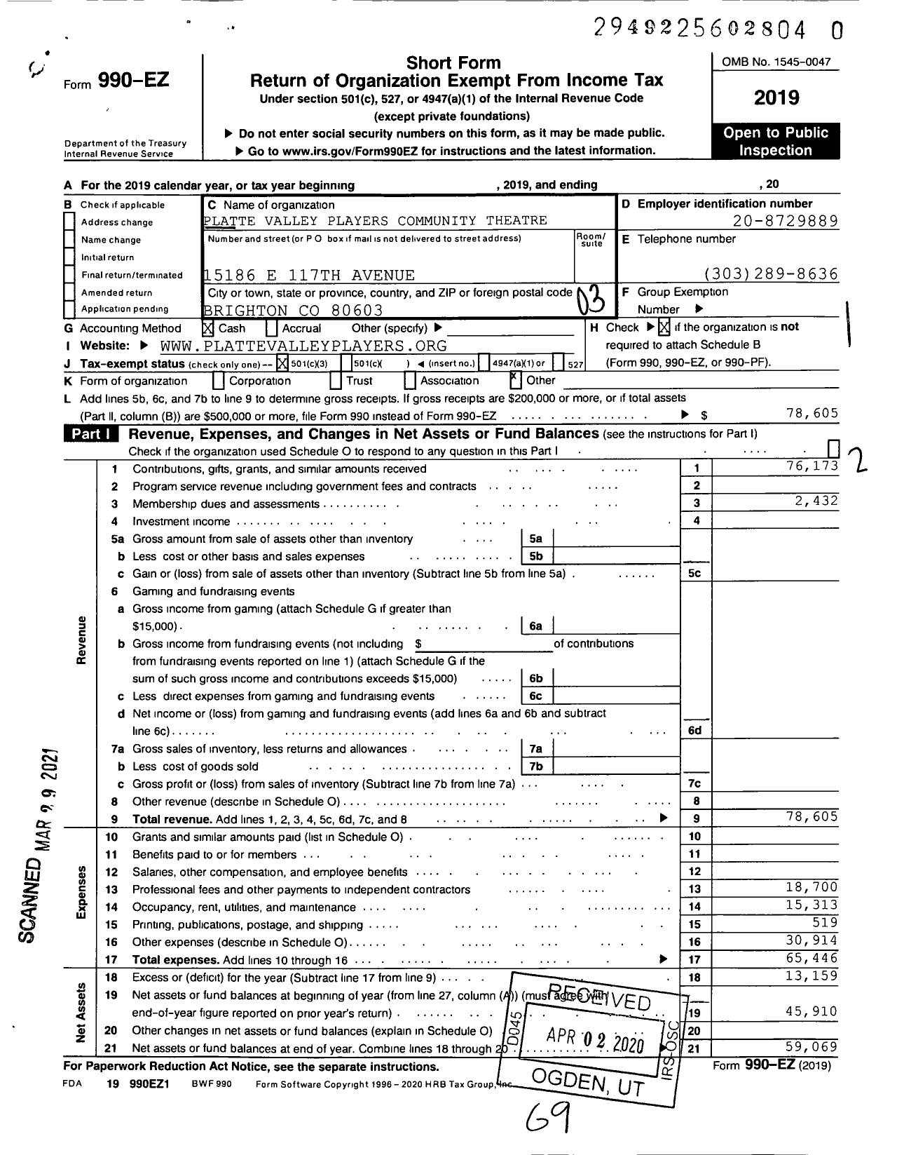 Image of first page of 2019 Form 990EZ for Platte Valley Players Community Theatre