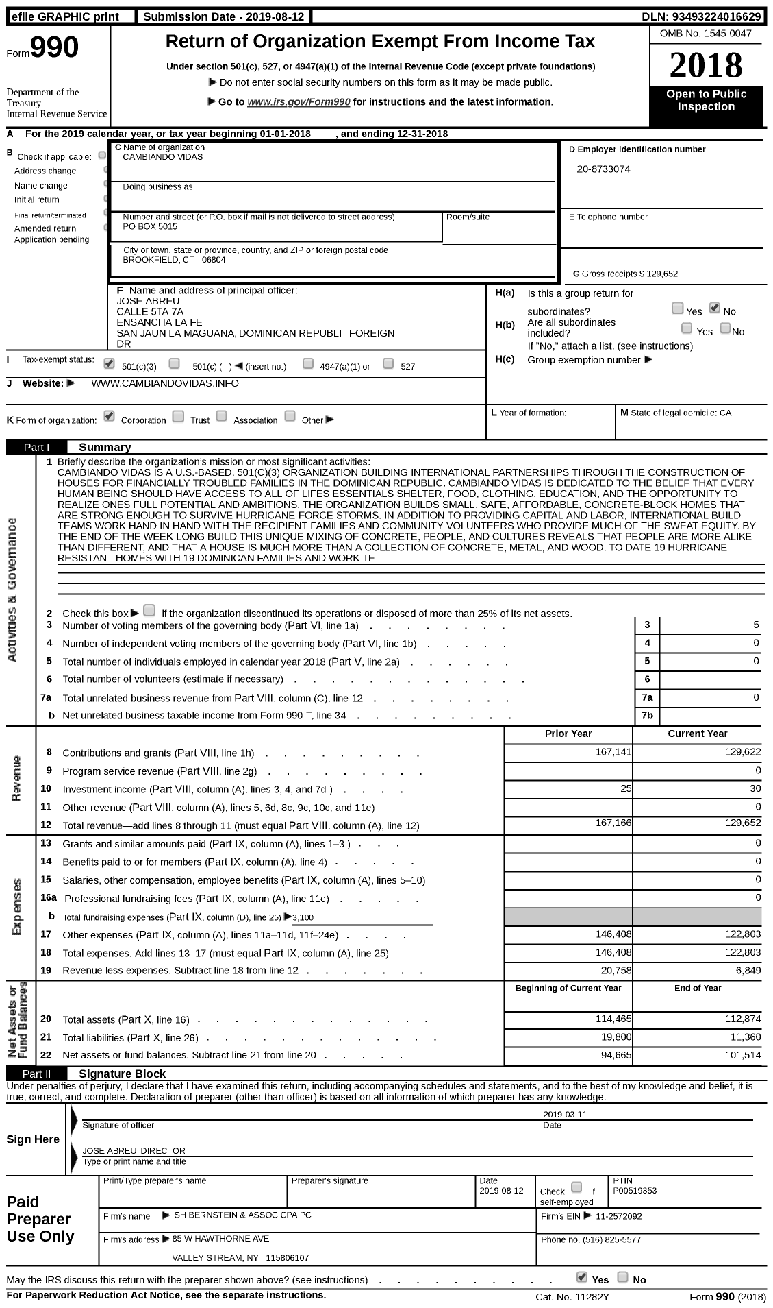 Image of first page of 2018 Form 990 for Cambiando Vidas