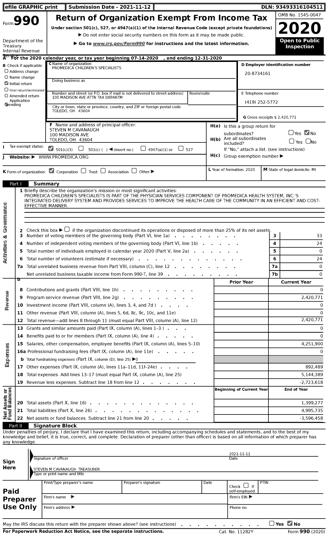 Image of first page of 2020 Form 990 for Promedica Children's Specialists