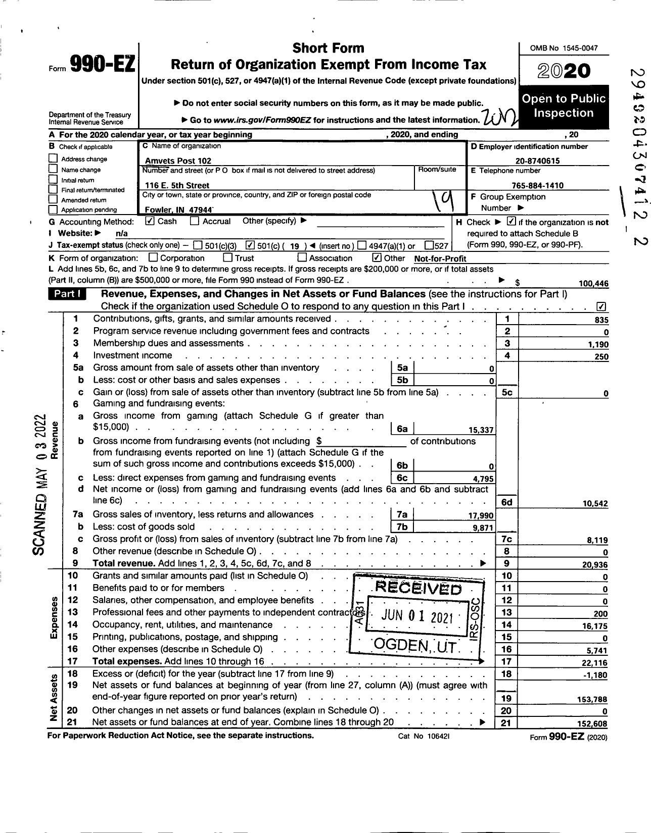 Image of first page of 2020 Form 990EO for Amvets - In 102