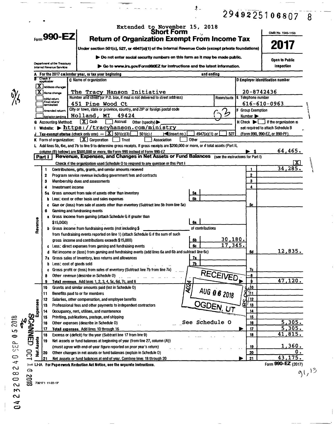 Image of first page of 2017 Form 990EZ for The Tracy Hanson Initiative