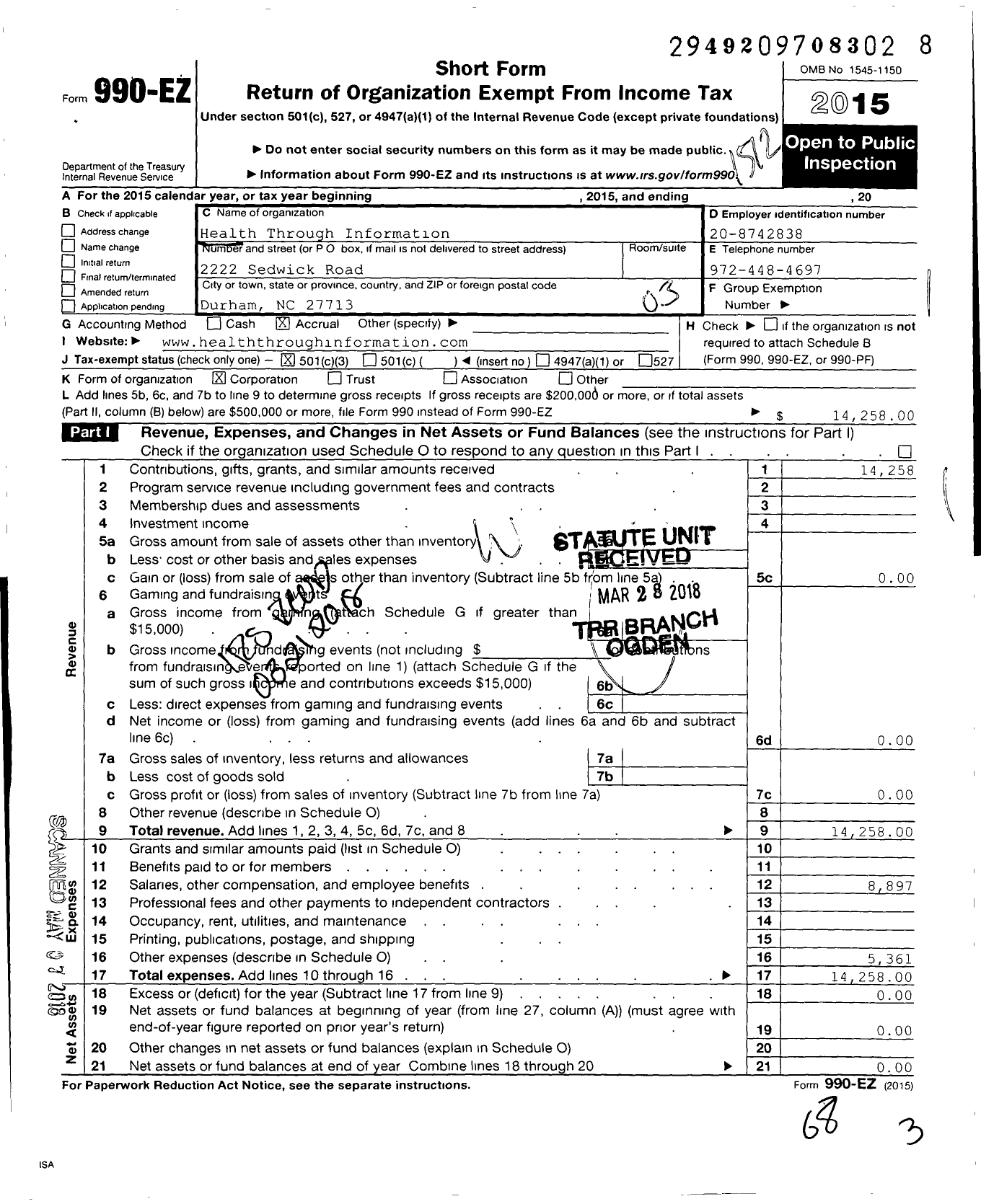 Image of first page of 2015 Form 990EZ for Health Through Information