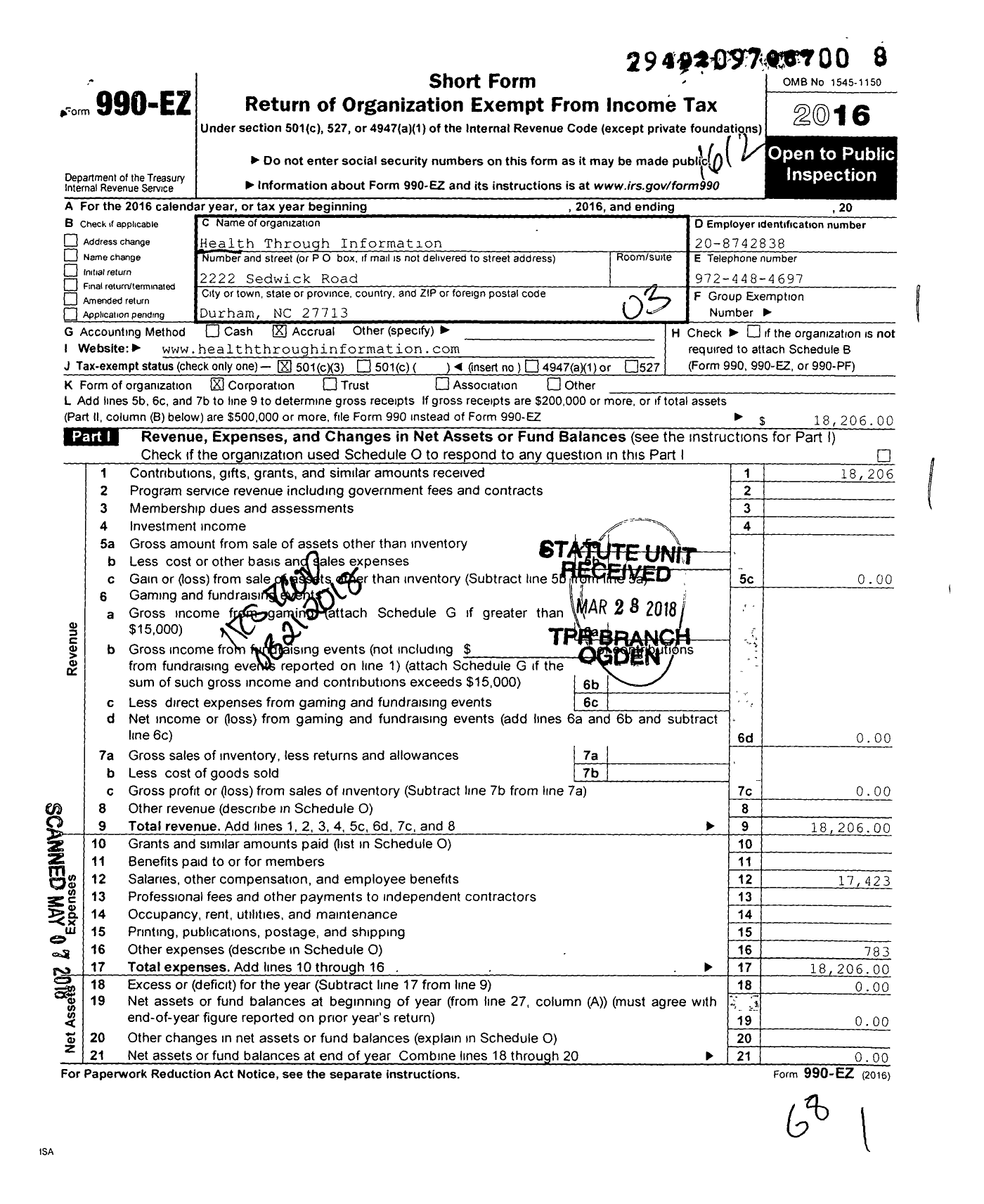 Image of first page of 2016 Form 990EZ for Health Through Information