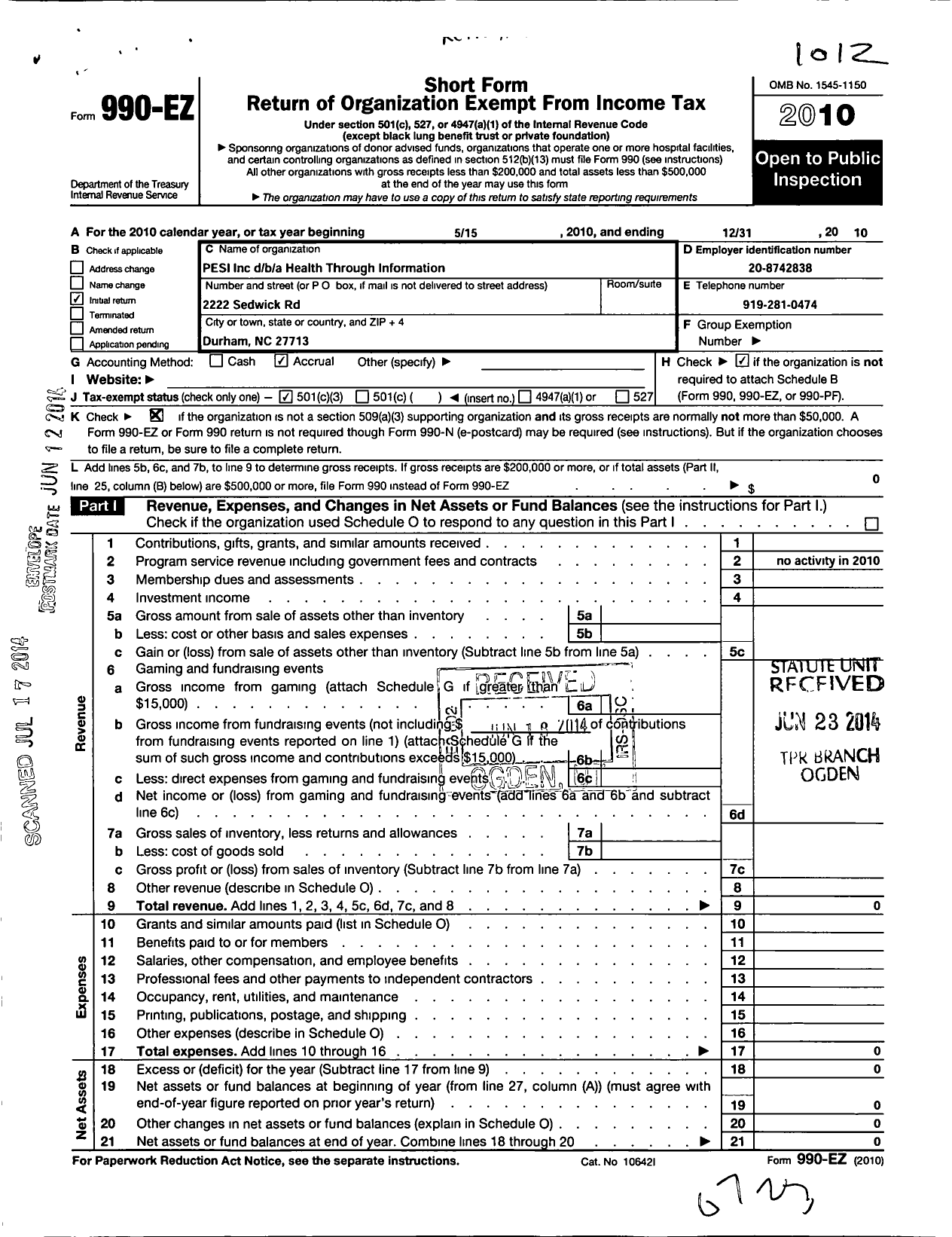 Image of first page of 2010 Form 990EZ for Health Through Information