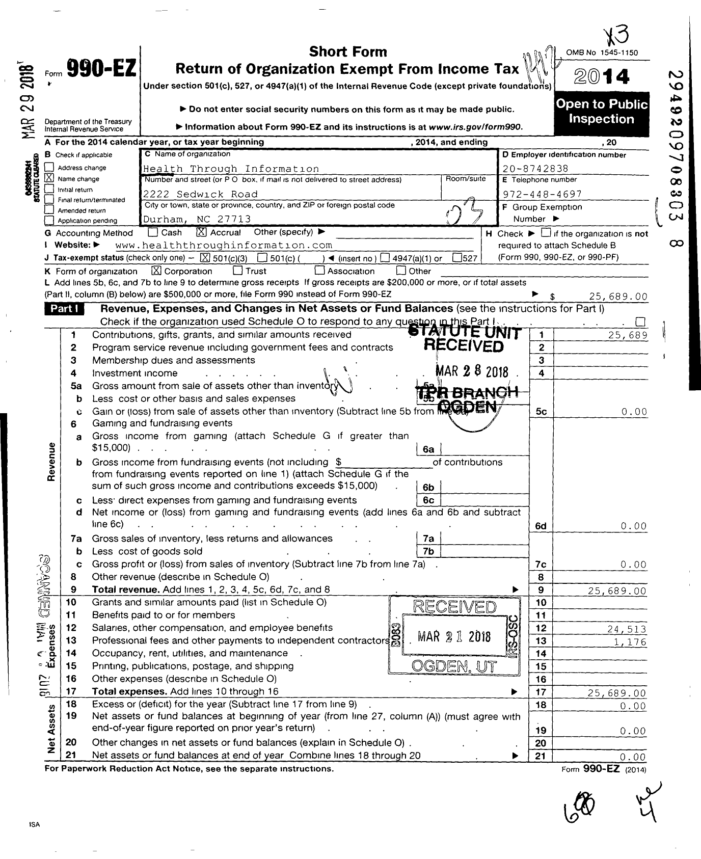 Image of first page of 2014 Form 990EZ for Health Through Information