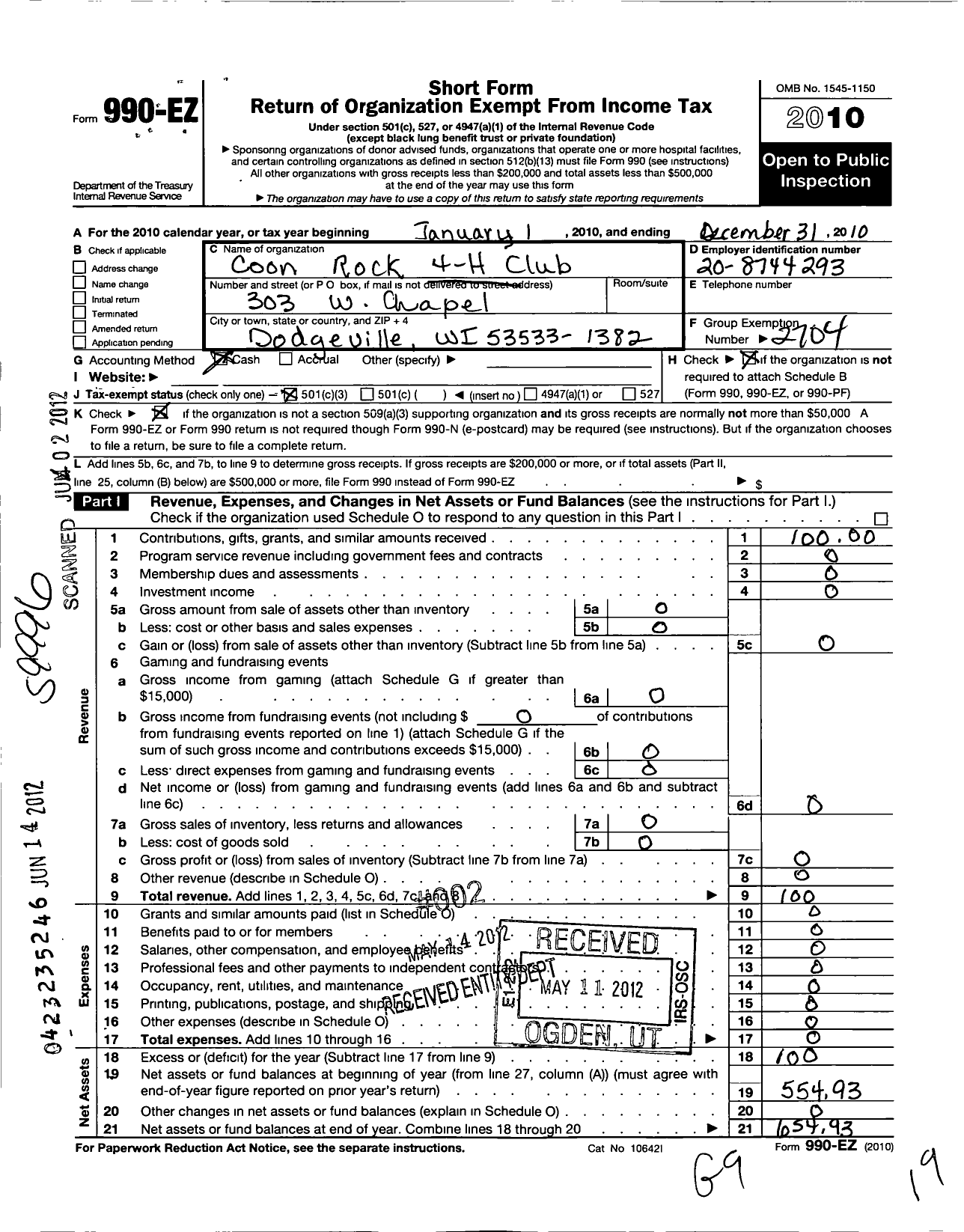 Image of first page of 2010 Form 990EZ for Board of Regents of the University of Wisconsin System / Coon Rock 4-H Club