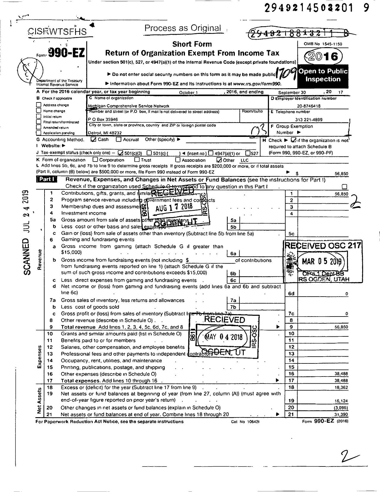 Image of first page of 2016 Form 990EZ for Michigan Comprehensive Servicenetwork