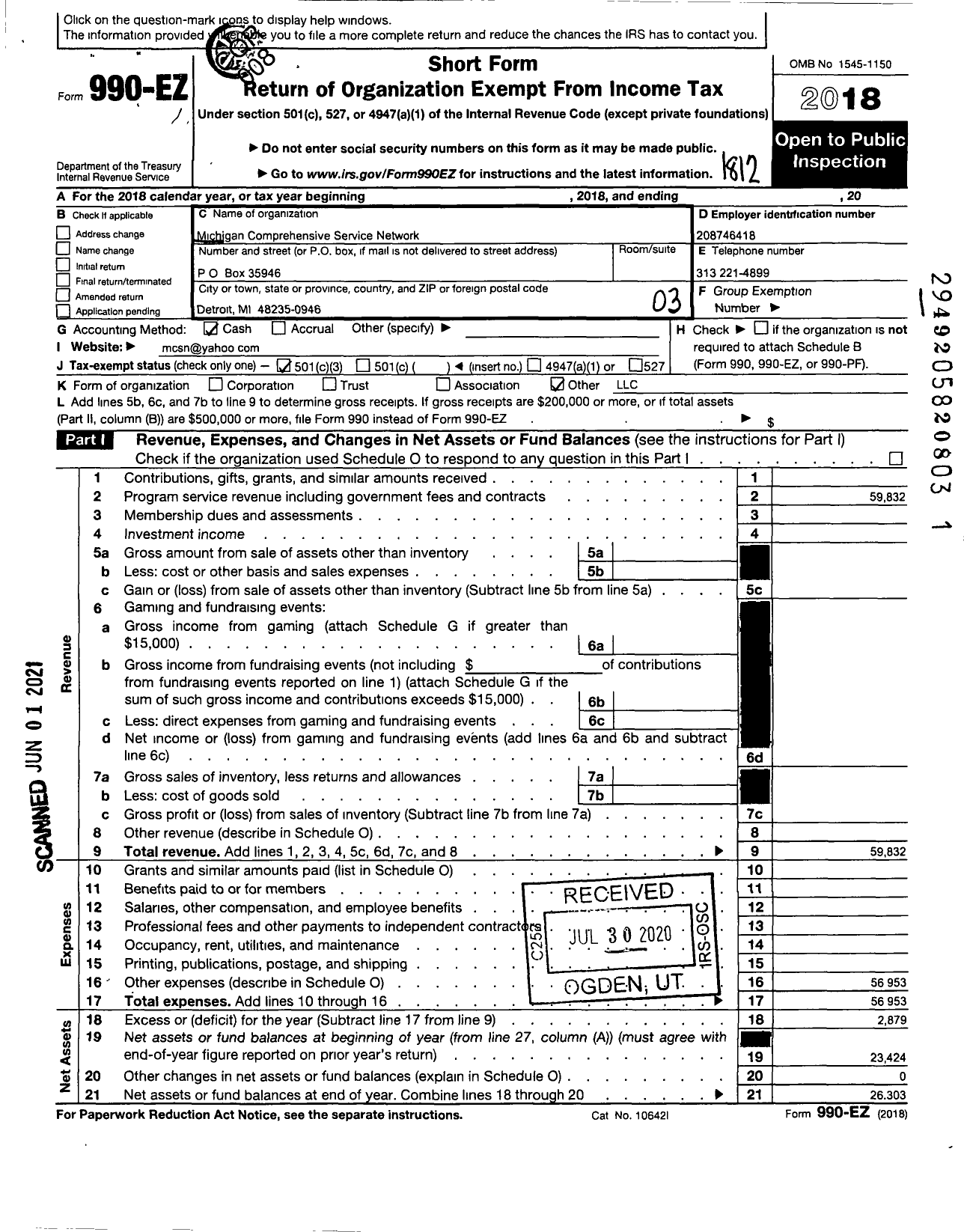 Image of first page of 2018 Form 990EZ for Michigan Comprehensive Servicenetwork