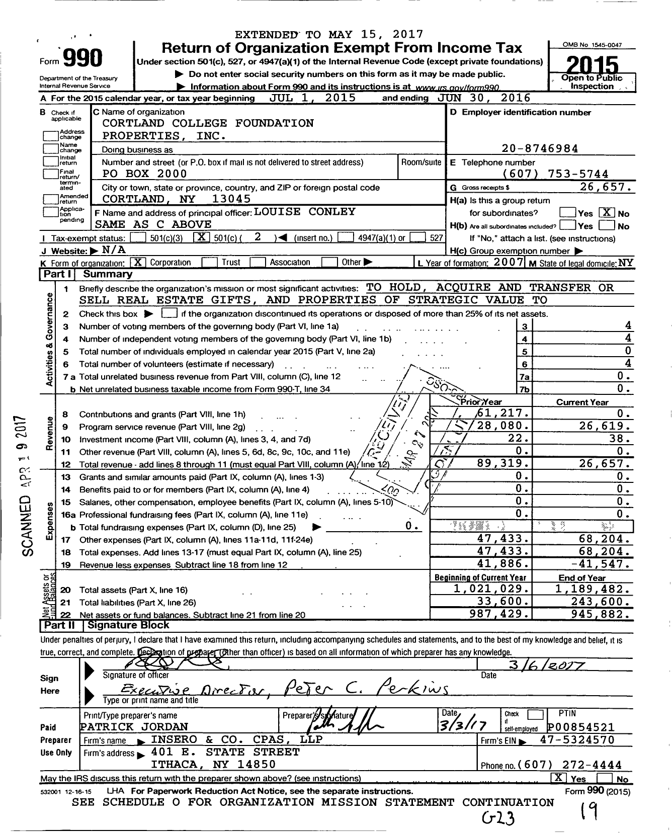 Image of first page of 2015 Form 990O for Cortland College Foundation Properties