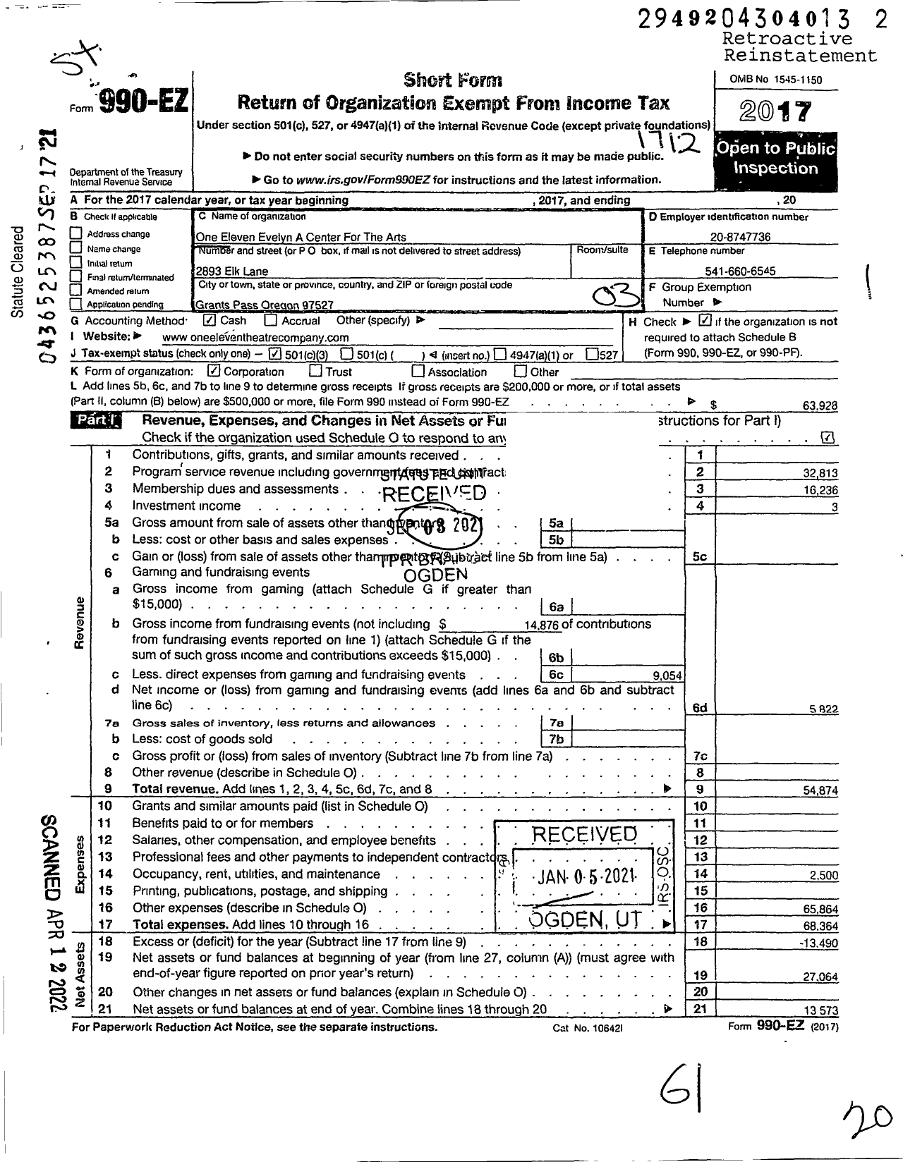 Image of first page of 2017 Form 990EZ for One Eleven Evelyn A Center for Thearts