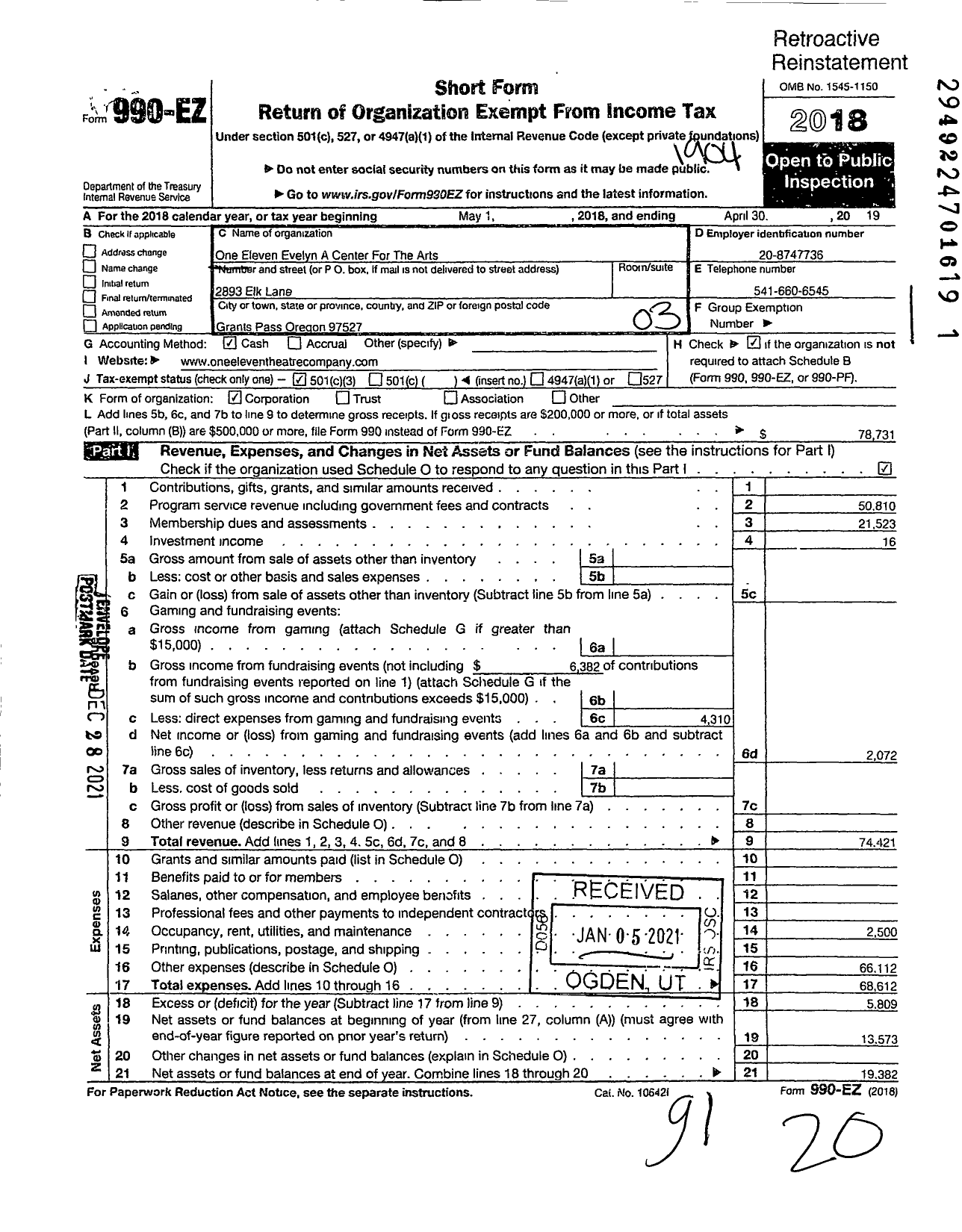 Image of first page of 2018 Form 990EZ for One Eleven Evelyn A Center for Thearts