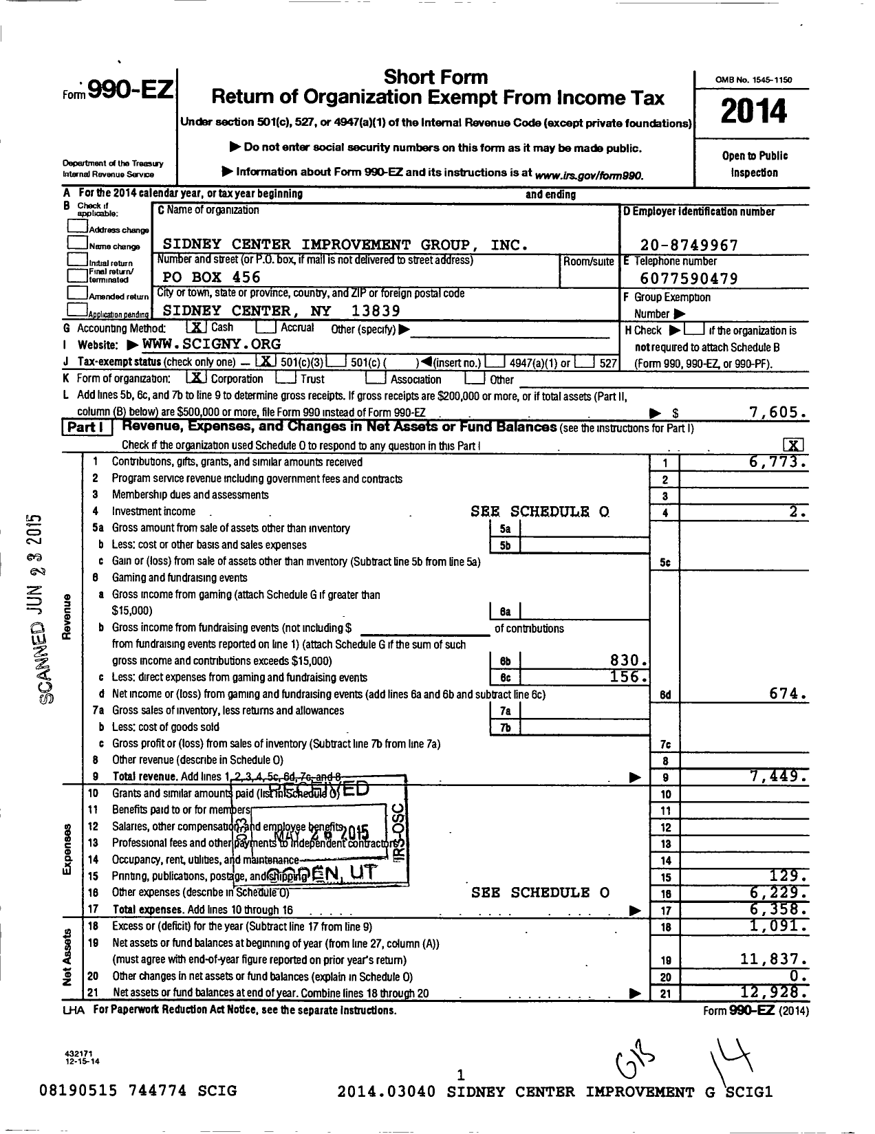 Image of first page of 2014 Form 990EZ for Sidney Center Improvement Group