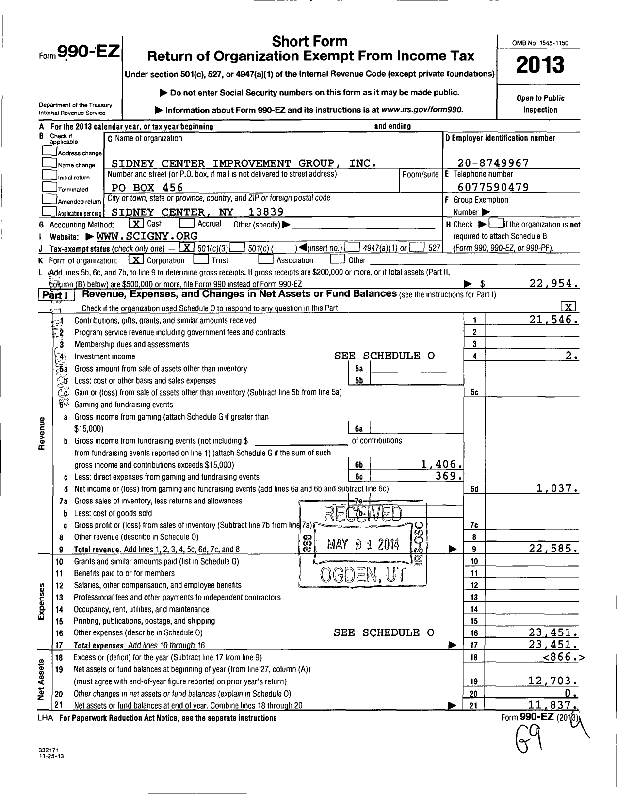 Image of first page of 2013 Form 990EZ for Sidney Center Improvement Group