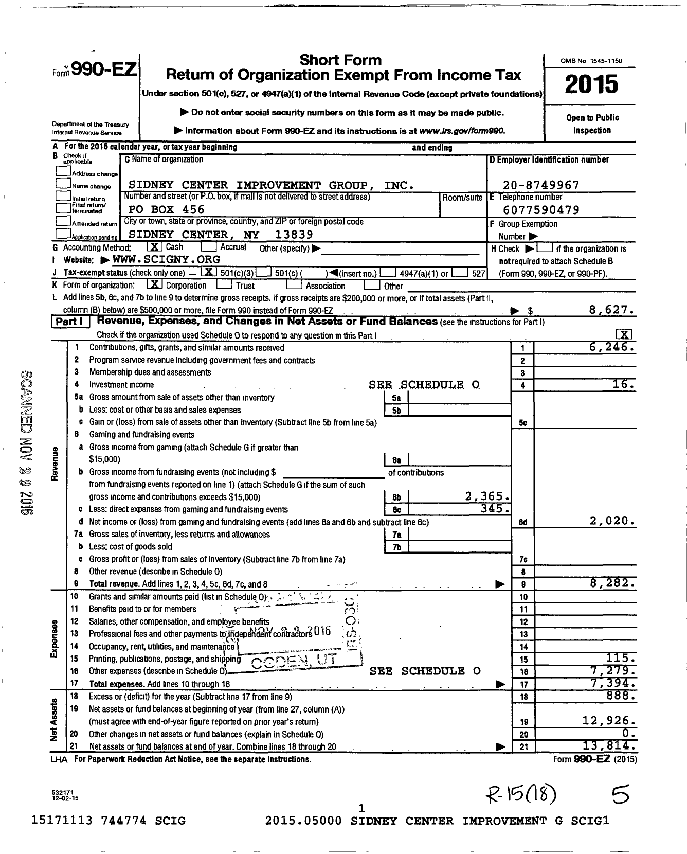 Image of first page of 2015 Form 990EZ for Sidney Center Improvement Group