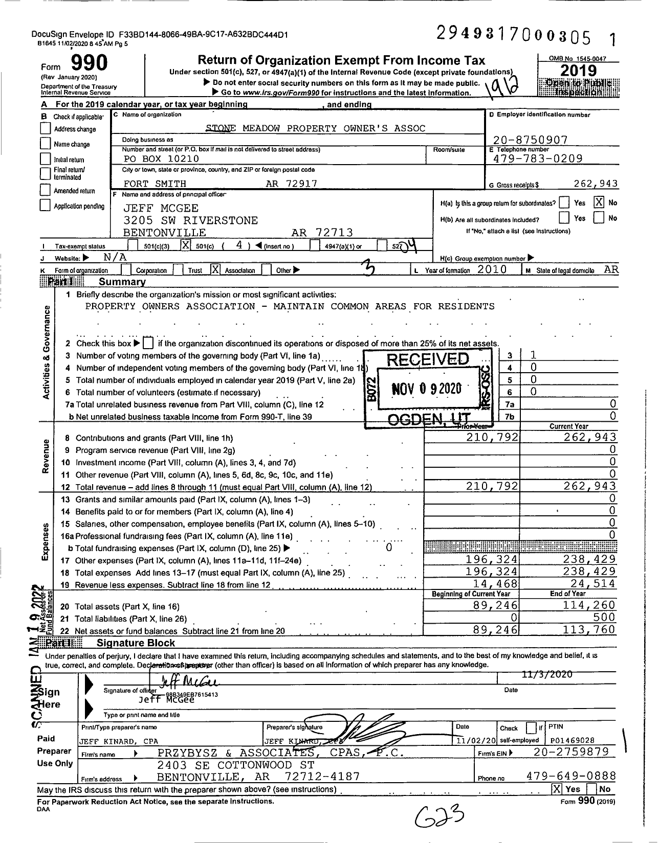 Image of first page of 2019 Form 990O for Stone Meadow Property Owner's Association