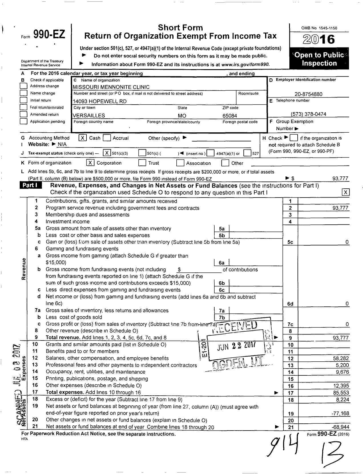 Image of first page of 2016 Form 990EZ for Missouri Mennonite Clinic LLC