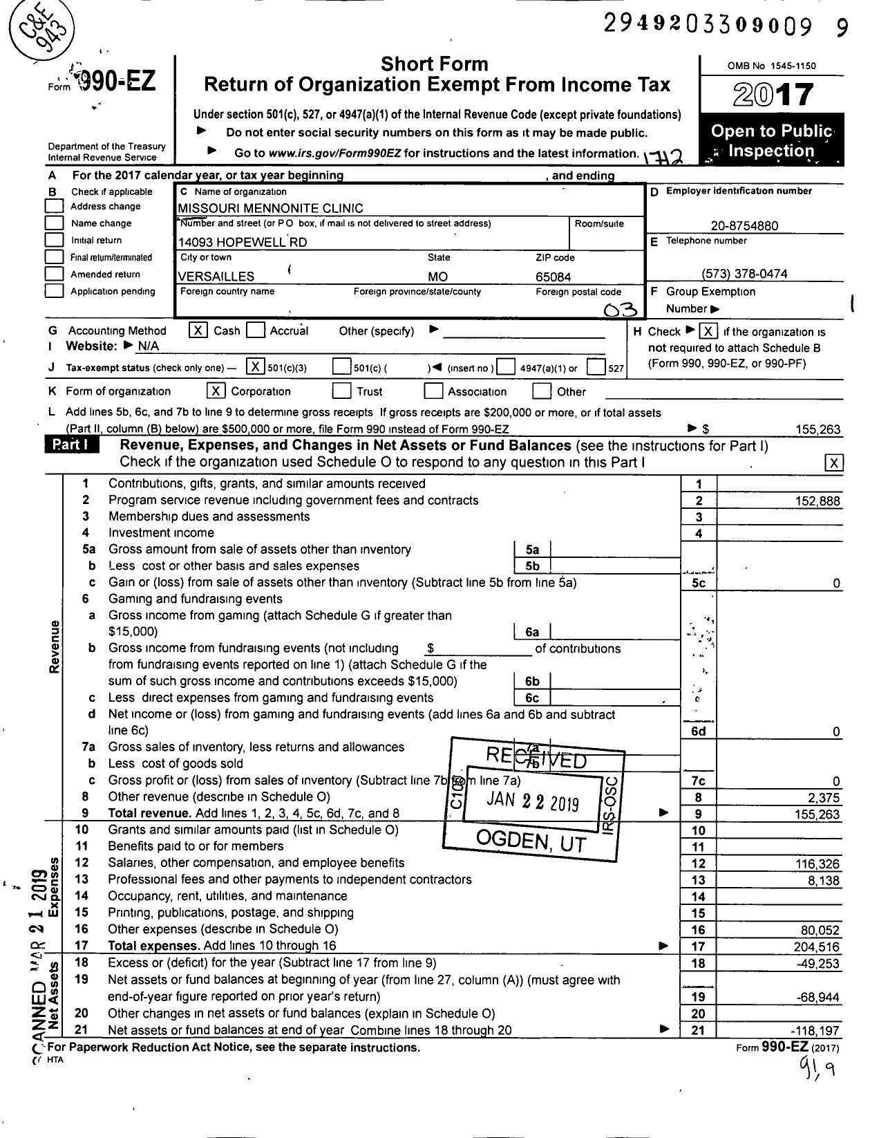 Image of first page of 2017 Form 990EZ for Missouri Mennonite Clinic LLC