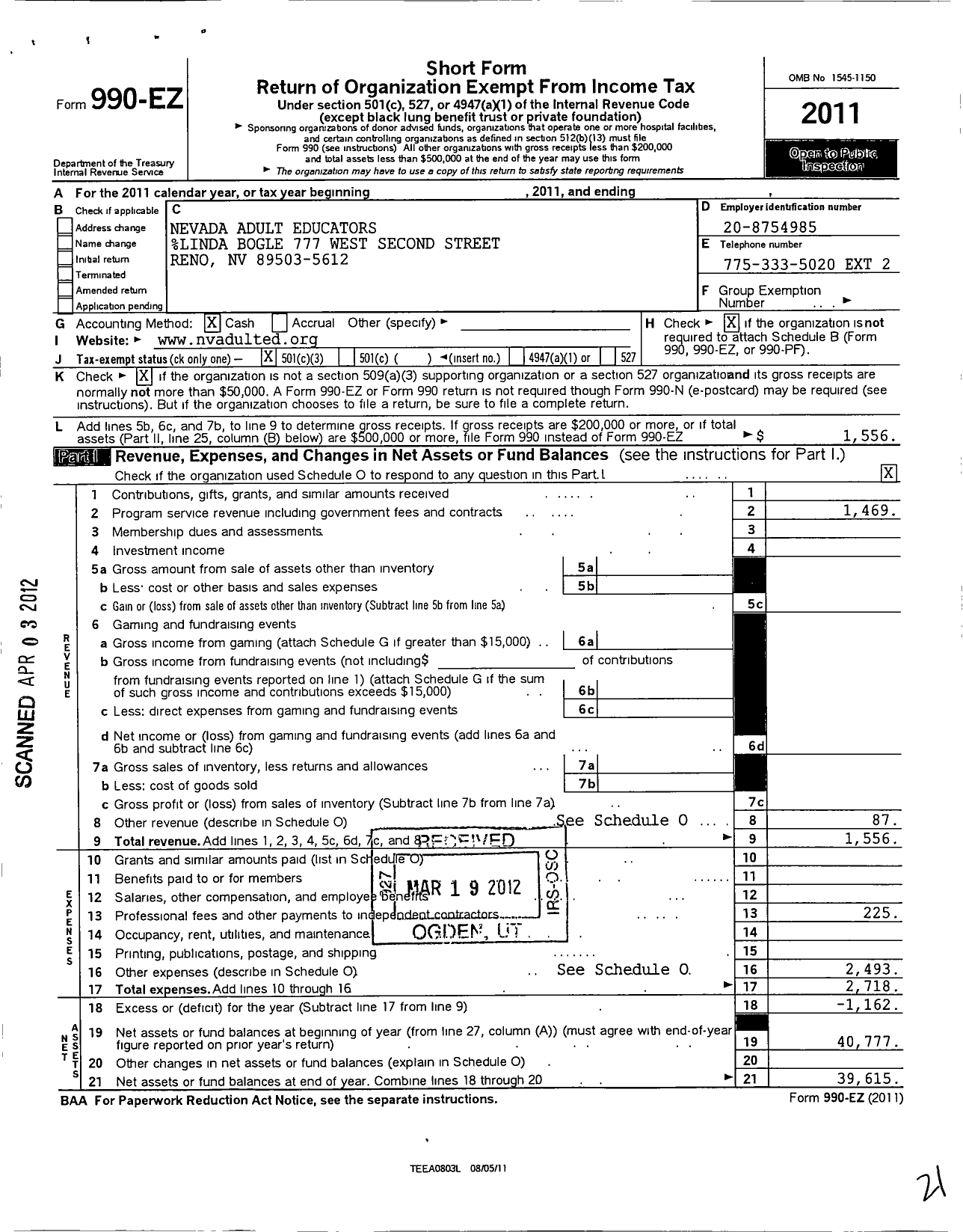 Image of first page of 2011 Form 990EZ for Nevada Adult Educators