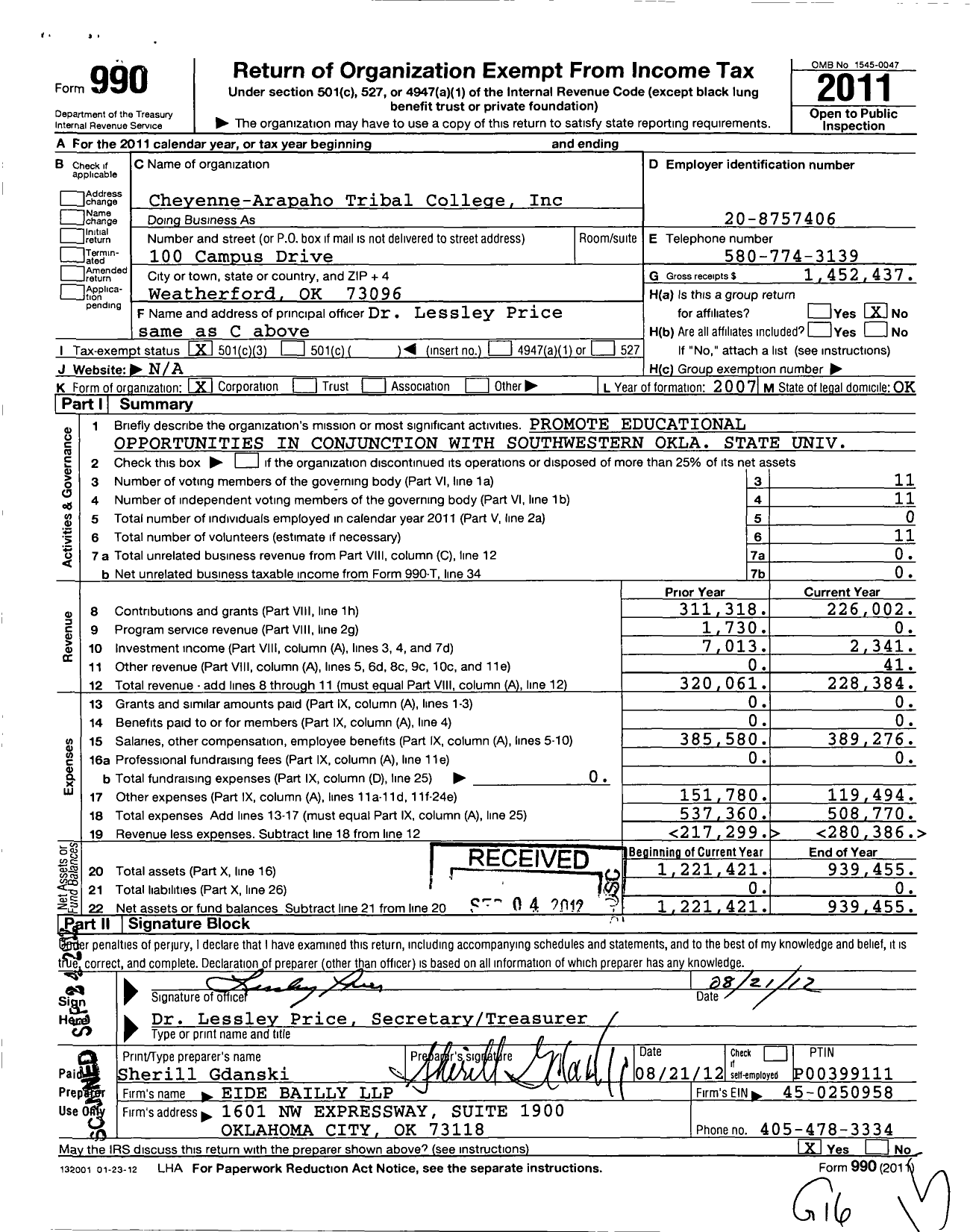 Image of first page of 2011 Form 990 for Cheyenne-Arapaho Tribal College