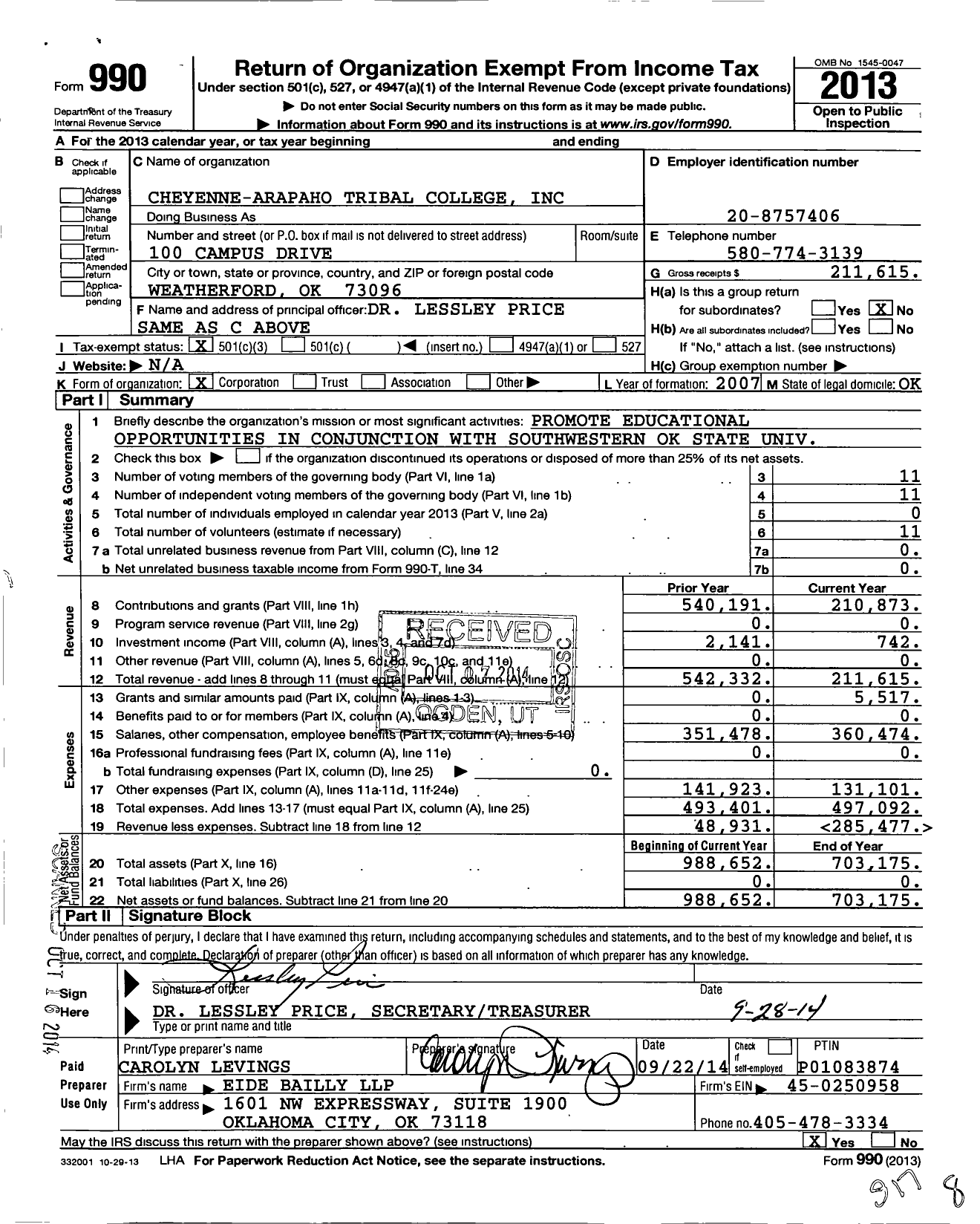 Image of first page of 2013 Form 990 for Cheyenne-Arapaho Tribal College