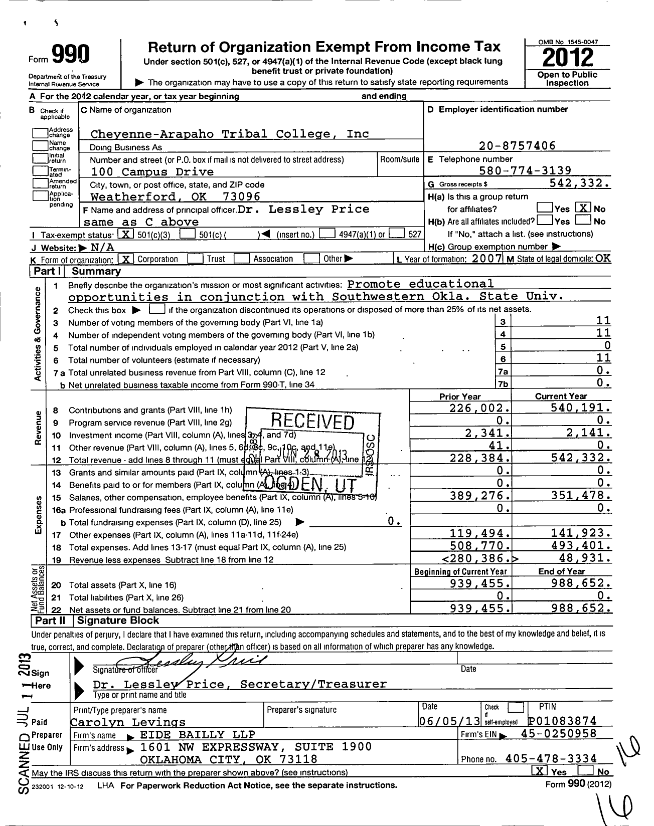 Image of first page of 2012 Form 990 for Cheyenne-Arapaho Tribal College