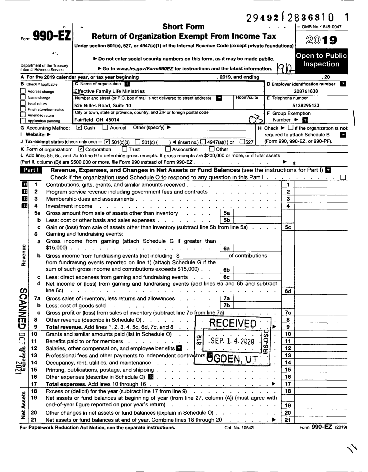 Image of first page of 2019 Form 990EZ for Effective Family Life Ministries