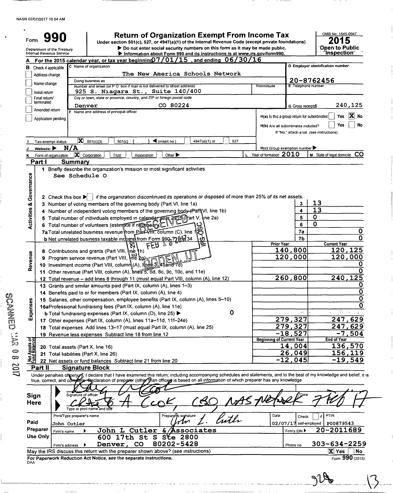 Image of first page of 2015 Form 990 for New America Schools Network