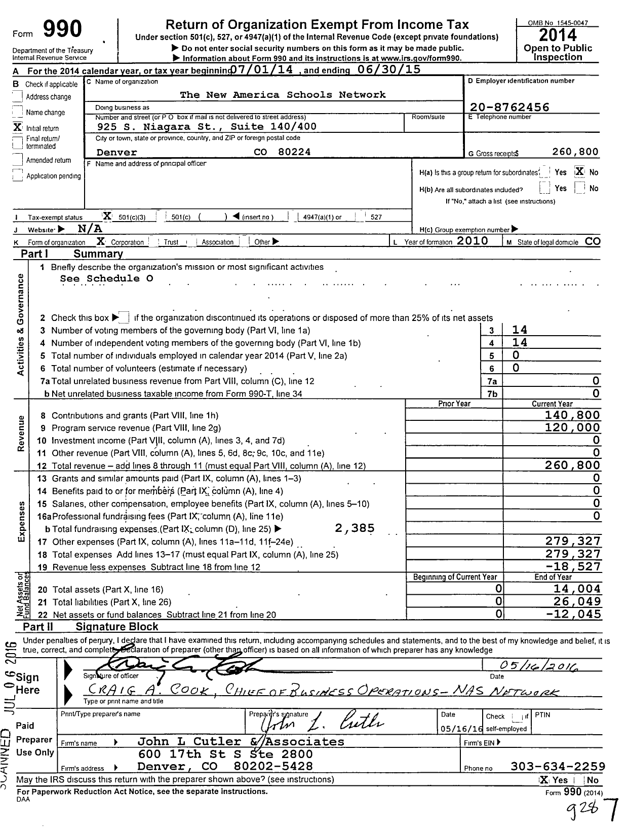 Image of first page of 2014 Form 990 for New America Schools Network