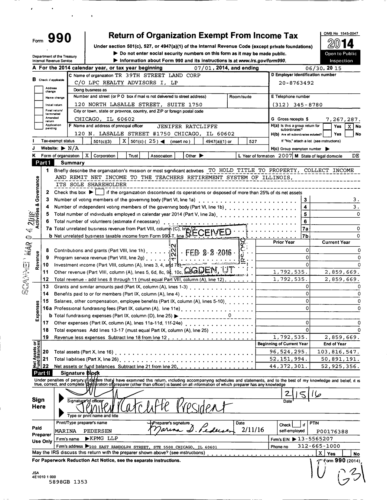 Image of first page of 2014 Form 990O for TR 39th Street Land Corporation