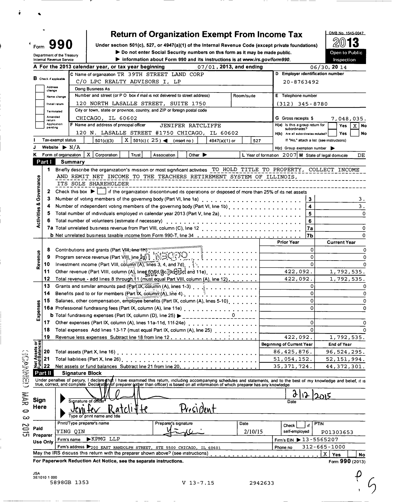Image of first page of 2013 Form 990O for TR 39th Street Land Corporation